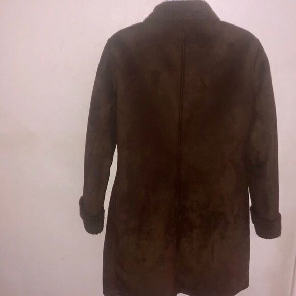Lands End Brown Suede Fleece Knee LengthCoat S 6-8 - Picture 2 of 6
